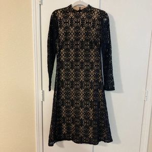 Forever 21 Overlay Dress Black with Tan Lining Sheer Band Neck Size L